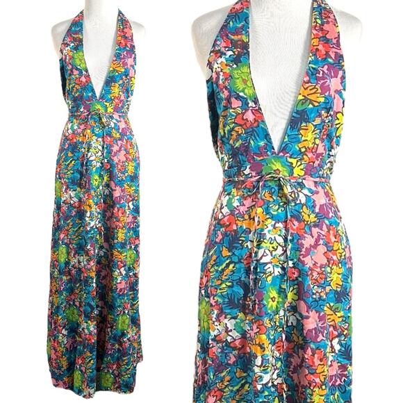 Free People Retro 60s 70s Floral Psychedelic Saffron Halter Maxi Dress Large - Picture 8 of 14